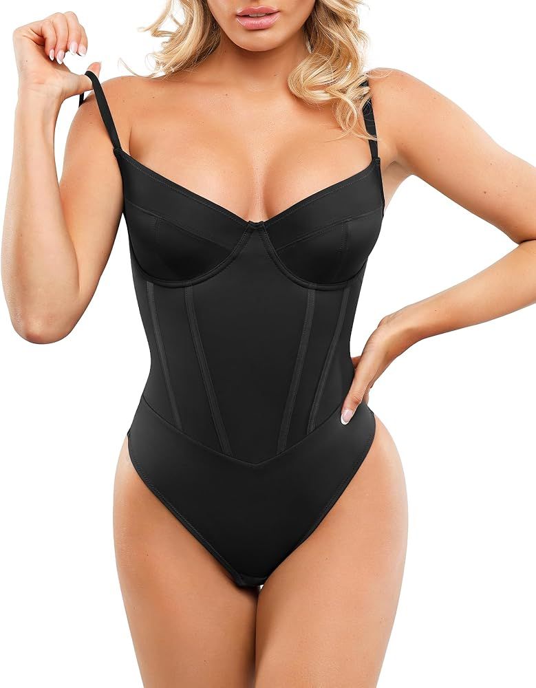 Popilush Corset Bodysuit Built in Bra - V Neck Bodysuits for Women Tummy Control Thong Shapewear ... | Amazon (US)