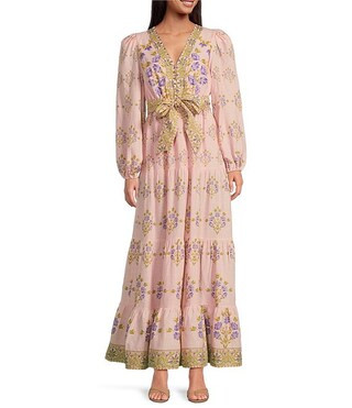 A Loves A Floral Printed Long Sleeve V-Neck Self Tie Maxi Dress | Dillard's | Dillard's
