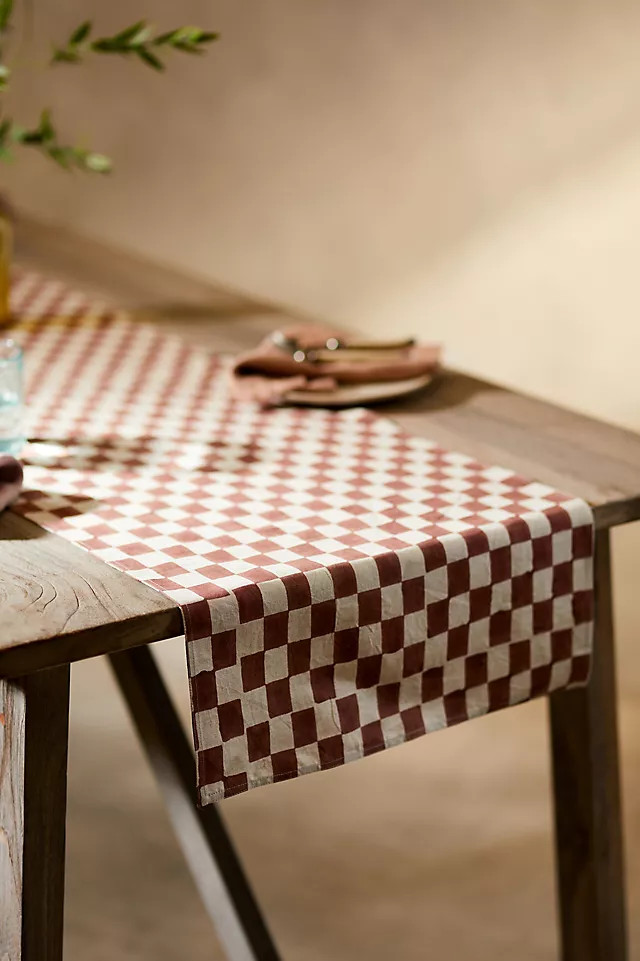 Soil to Studio Linen Blend Runner, Checked Rose | Anthropologie (US)
