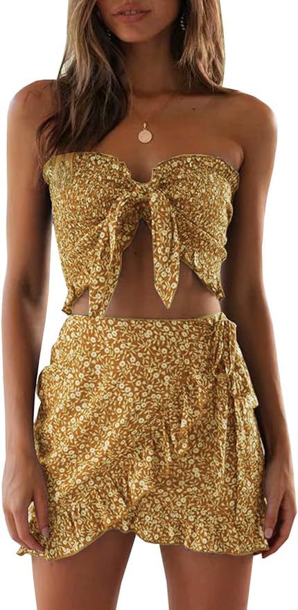 Women's Bohemian Bow Tie Tube Crop Top with High Waist Bodycon Skirt Two Piece Outfit Dress Suit ... | Amazon (US)