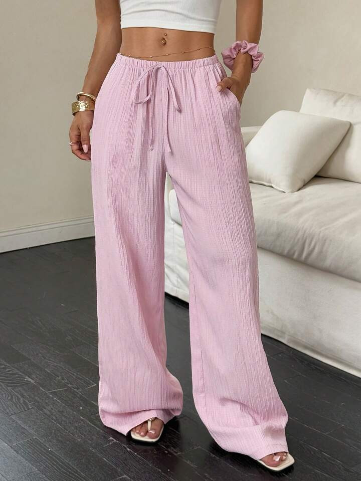 TRNVIE Women Solid Color Tied Waist Pocket Wide Leg Pants | SHEIN