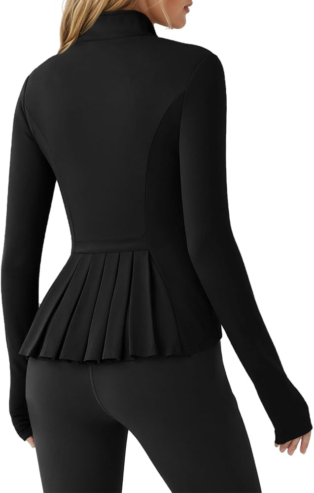 Fisoew Women's Zip Up Workout Jacket Pleated Lightweight Slim Fit Stand Collar Thumb Hole Tops wi... | Amazon (US)