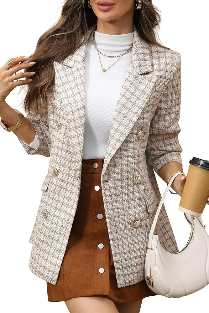 ELLEVEN Womens Oversized Plaid Tweed Blazers, Boyfriend Style Double Breasted Blazer Jacket Casua... | Amazon (US)
