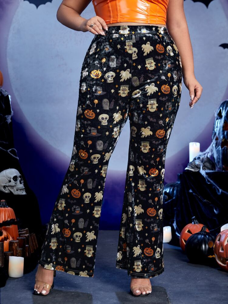 SHEIN Plus Halloween Print Flare Leg Velvet Pants | SHEIN