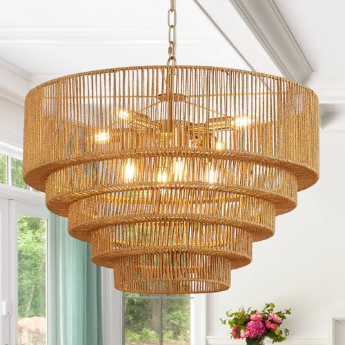 YOMECOO 25.6" Large Rattan Chandelier Vintage 8-Lights Farmhouse Boho Hand-Woven Bamboo Chandelier Light Fixture Retro Drum Wicker Golden Chandeliers for Dining Room, Kitchen, Bedroom, E12 | Amazon (US)
