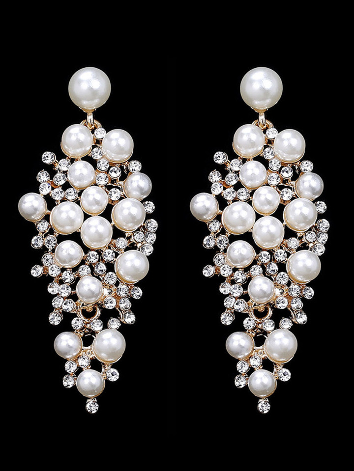 1 Pair Of Elegant Alloy & Rhinestone & Pearl Earrings | SHEIN