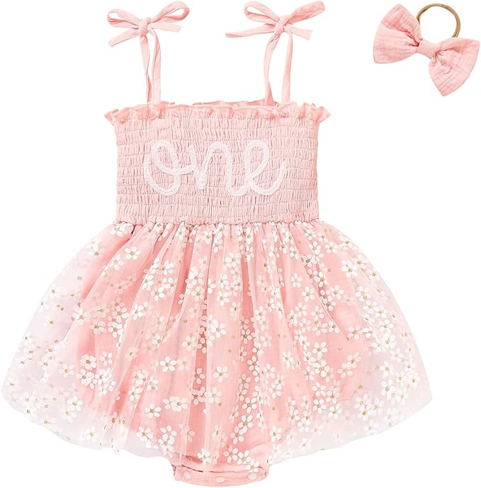 Baby Girl 1st Birthday Clothes One Year Old Tulle Romper Sleeveless Bodysuit Cake Smash Outfits | Amazon (US)