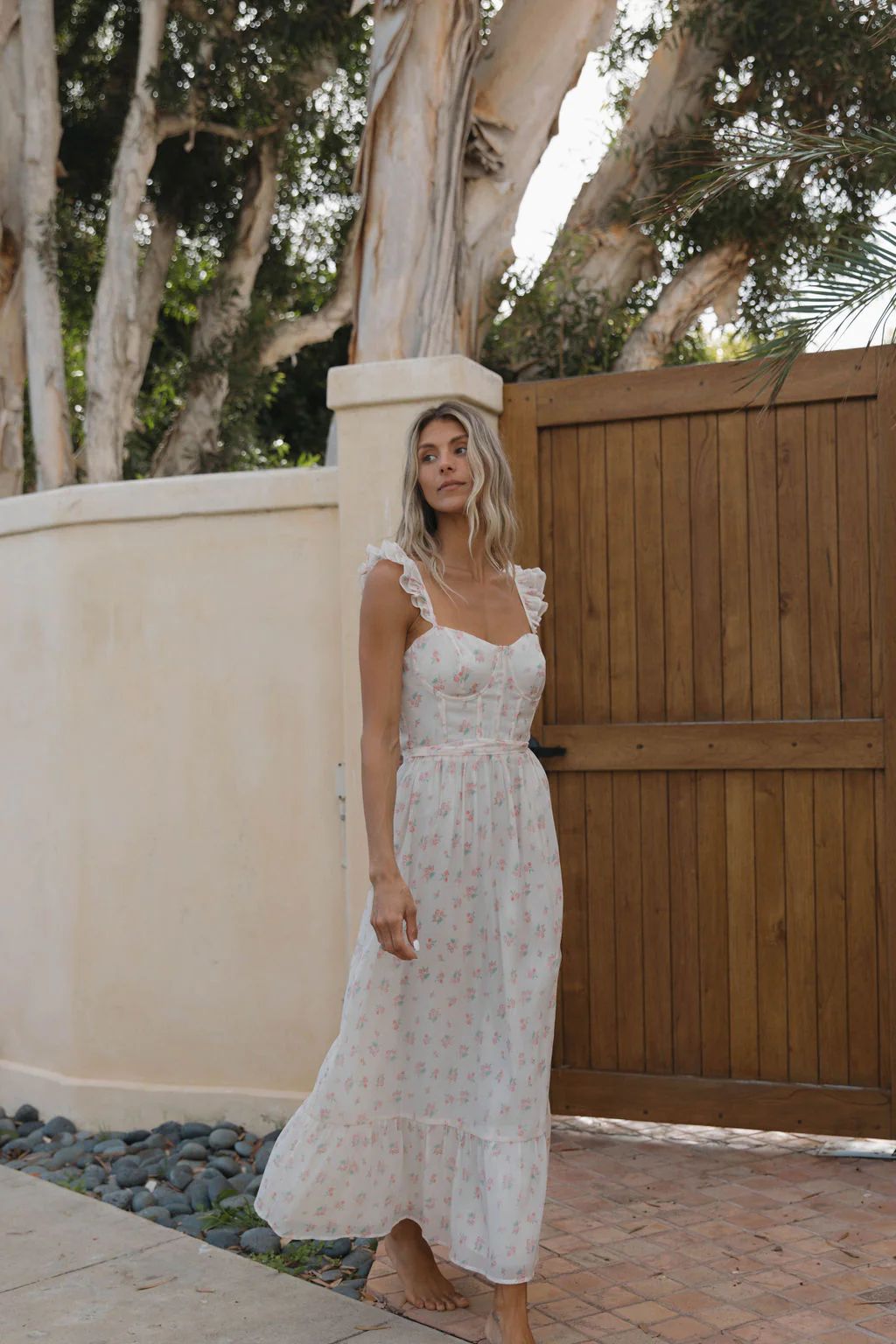 Rosamund Bustier-Style Maxi Dress in Blush Pink Floral - Bump Friendly | Worth Collective