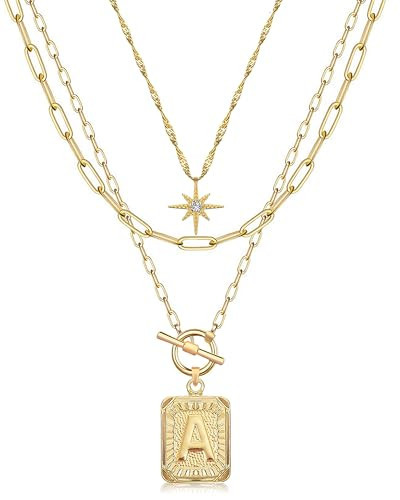 MJartoria Layered Initial Necklaces for Women Trendy, 14K Gold Plated Simple Star Choker Square Letter Pendant Necklace, Paperclip Chain Necklace, Gold Necklaces Jewelry Gifts (Gold, A.) | Amazon (US)