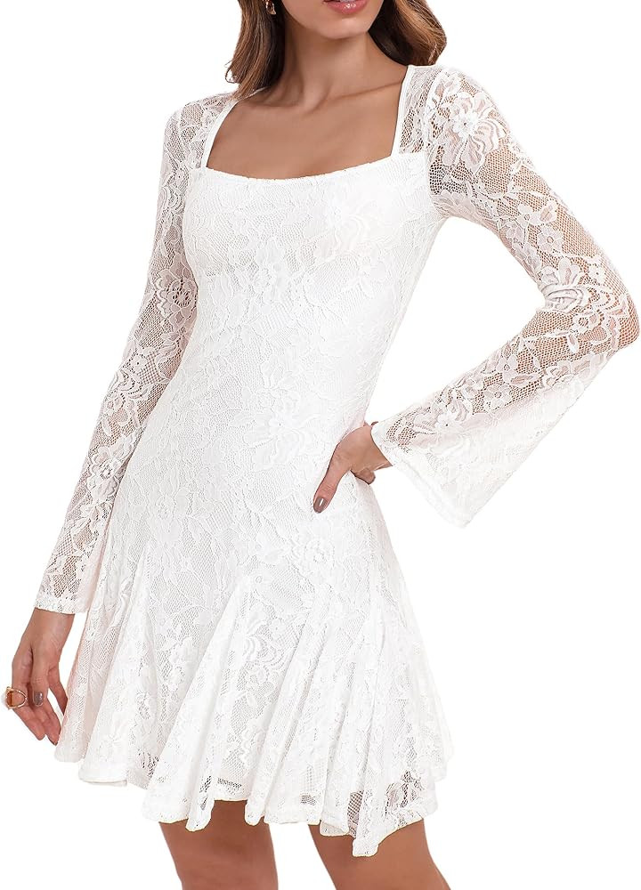 HYPERFIRE Women's Square Neck Floral Lace Mini Dress Flowy Short Dress Mesh Night Out Dresses Clu... | Amazon (US)