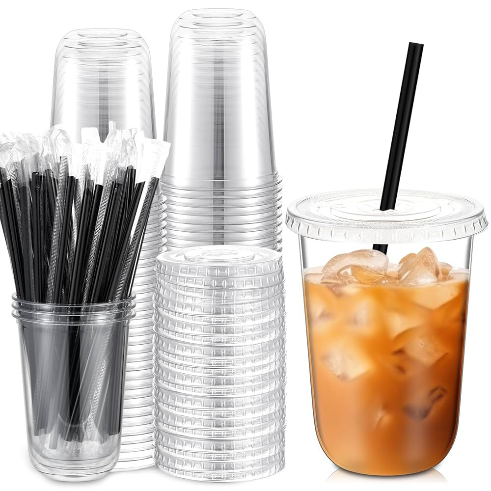 50 Set 16 oz Clear Plastic Cups with Lids and Straws, PET Disposable Iced Coffee Cups for Drinkin... | Amazon (US)