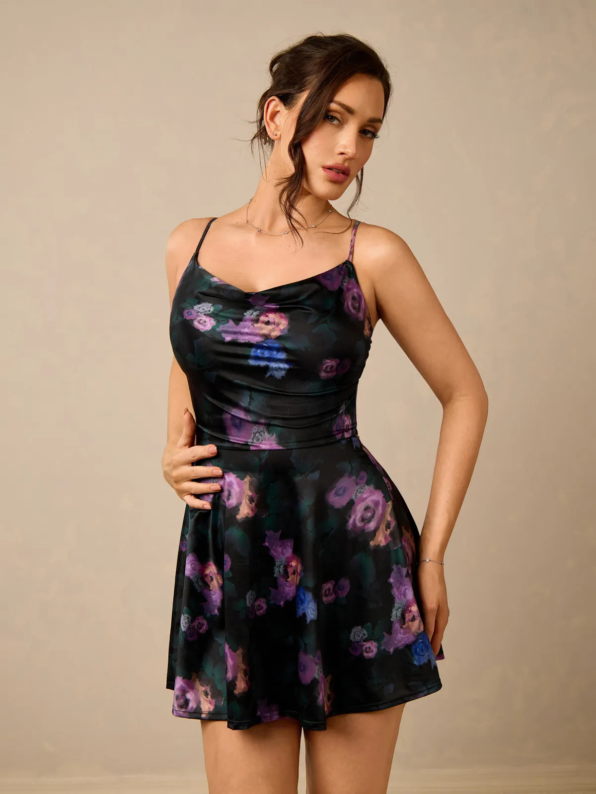 Shapewear Strappy Cowl Neck Tummy Control Flare Dress | Popilush