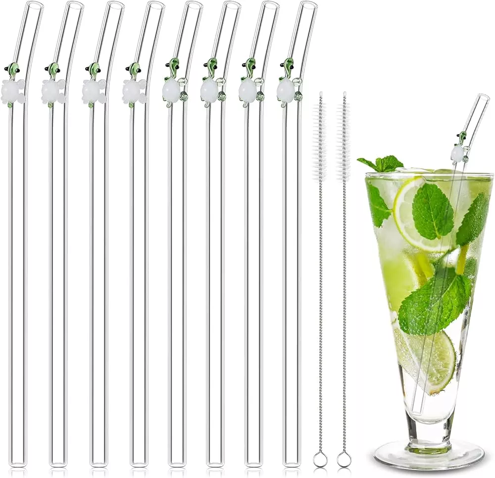 6 Pcs Glass Straws Shatter Resistant,Cute Green Turtle on Clear Straws With  Design 7.9in X 8mm Reusable Bent Drinking Straws with 2 Cleaning Brushes