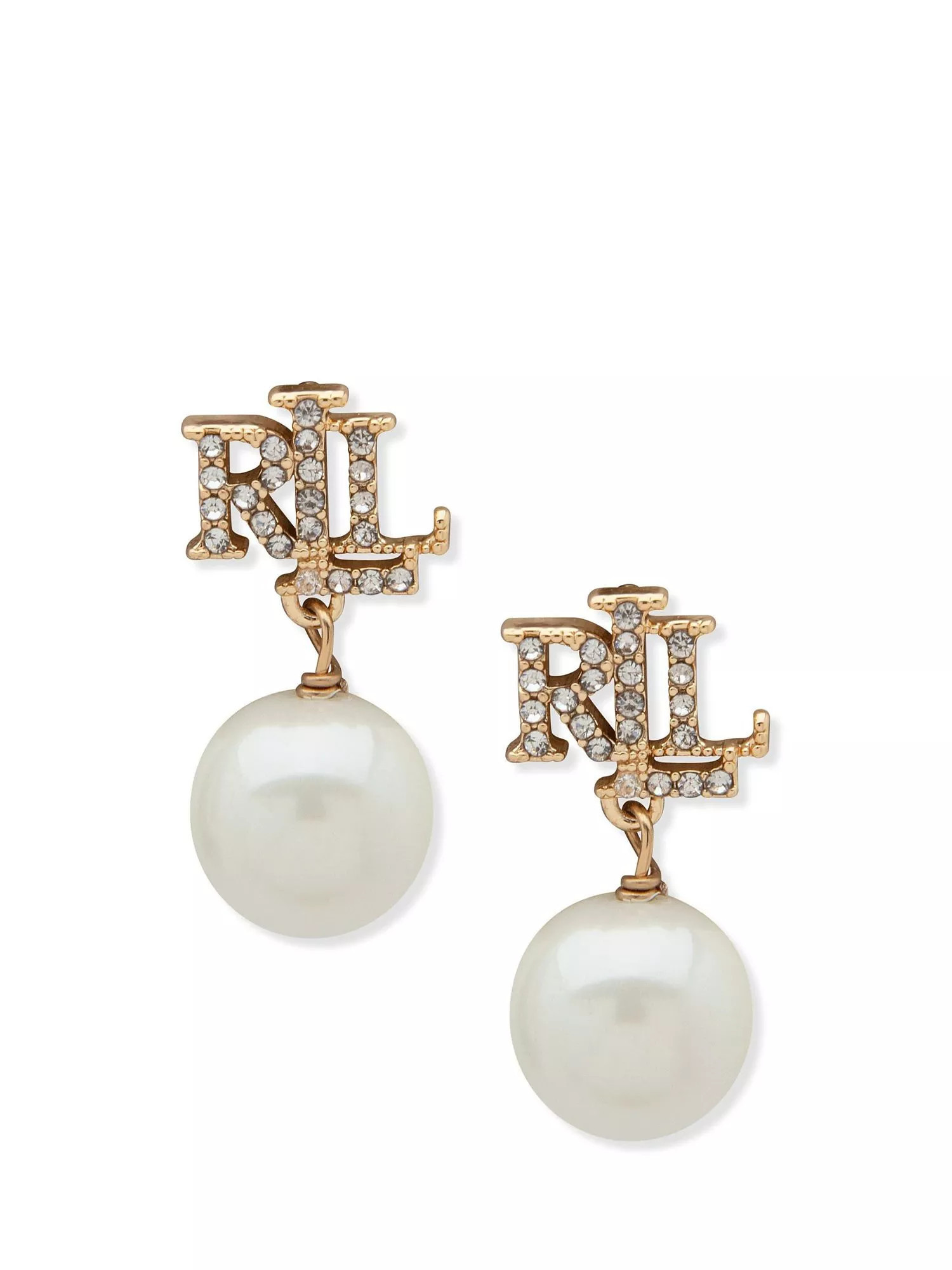 Lauren Ralph Lauren Cubic Zirconia Logo Pearl Drop Earrings, Gold/White | John Lewis (UK)