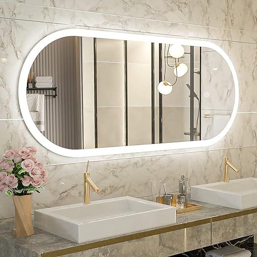 Koonmi LED Bathroom Mirror Frameless 22x47 Inch, Oval Wall Mounted Mirror with Lights, Lighted Fu... | Amazon (US)