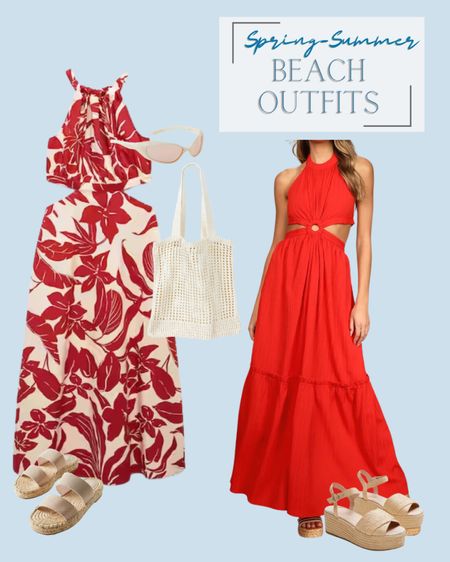 Trendy beach feminine look. Style this summer or spring for beach look with red cut out maxi dress with nude neutral tote bags and sandals