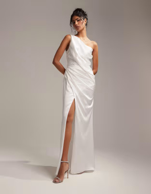 ASOS DESIGN Bridal satin one shoulder draped wedding dress in ivory | ASOS | ASOS (Global)