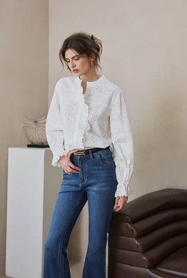 Calen Embroidered Ruffled Cotton Blouse - Ivory | Petite Studio NYC