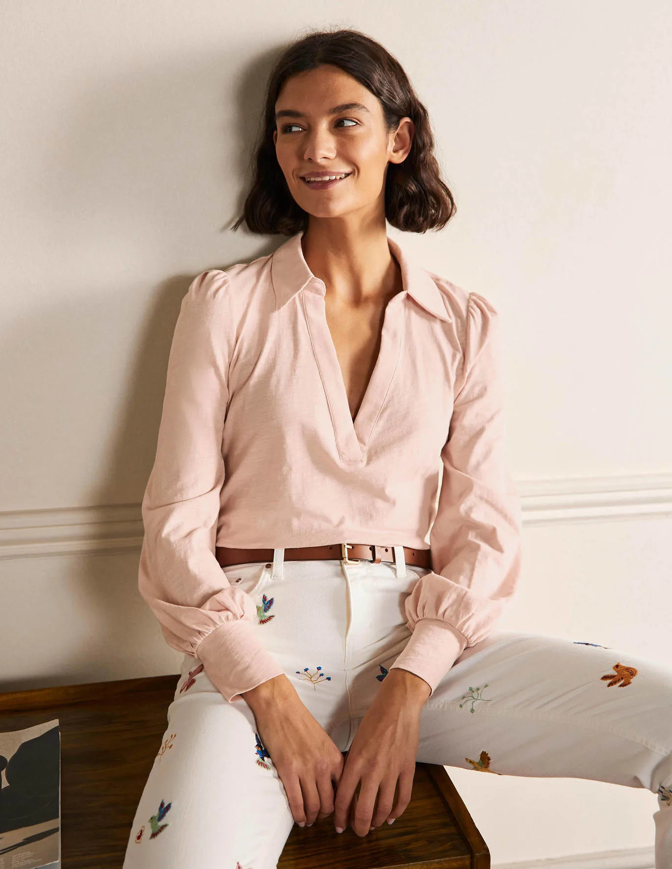 Collared Notch Neck Cotton Top - Milkshake | Boden UK | Boden (UK & IE)