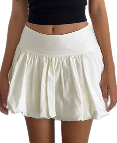 KMBANGI Y2k Women Bubble Mini Skirt Elastic Waist Ruffle Flare Puffy Skirt High Rise Cute Pleated Balloon Short Skirts(D898 Beige White,S) | Amazon (US)