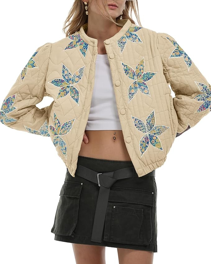 Gacaky Women's Lightweight Floral Embroidered Cropped Quilted Jacket Winter Warm Button Down Puff... | Amazon (US)