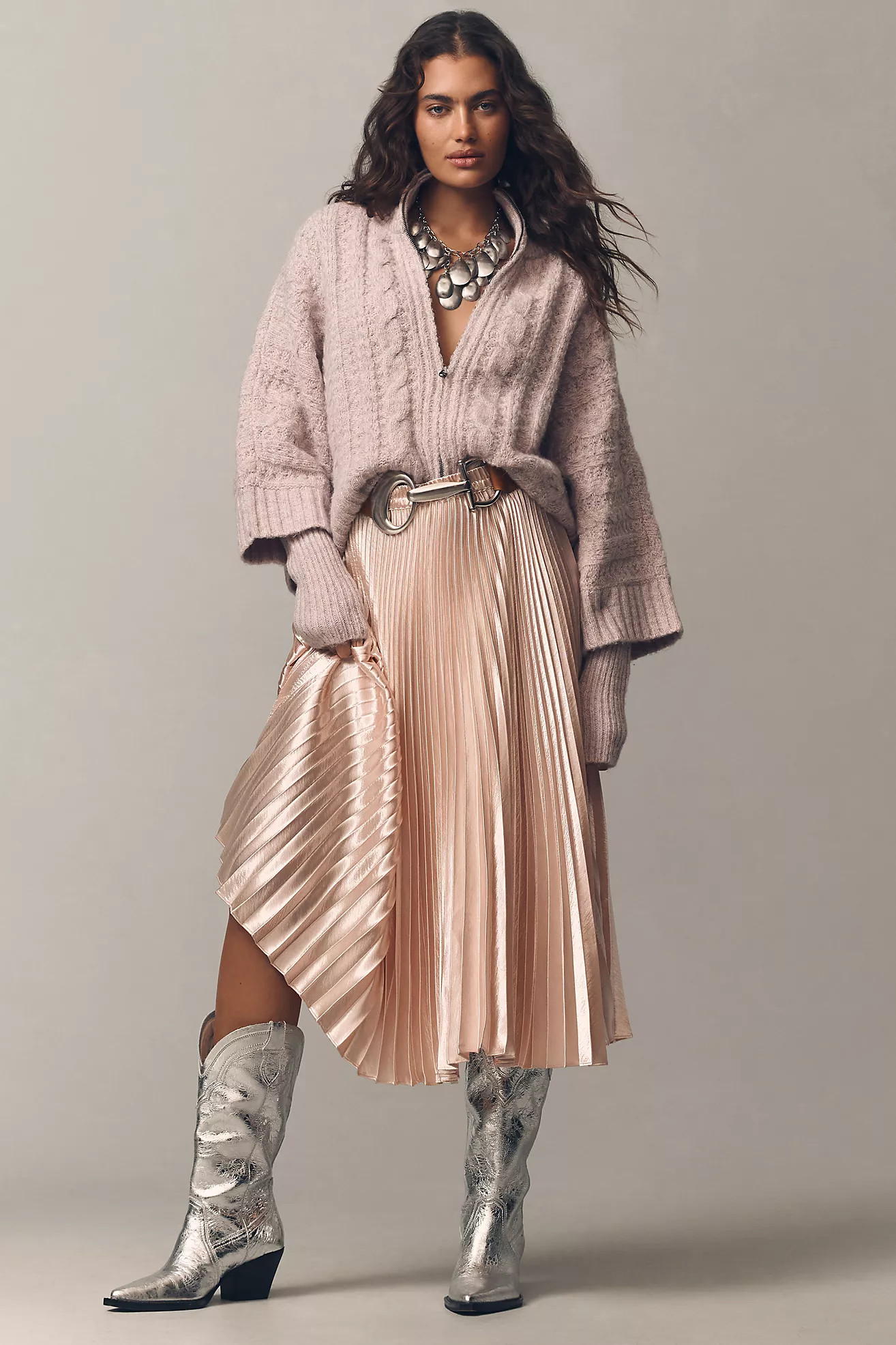 Caballero Mia Pleated Satin Midi Skirt | Anthropologie (US)