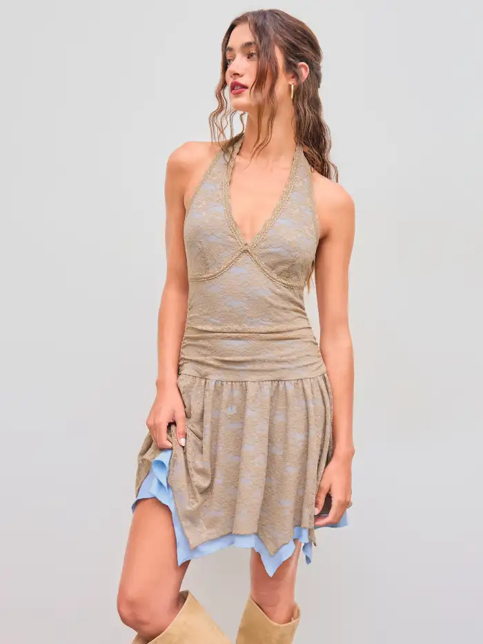 LACE HALTER NECKLINE TWO TONE RUCHED RUFFLE LAYERED MINI DRESS | Cider