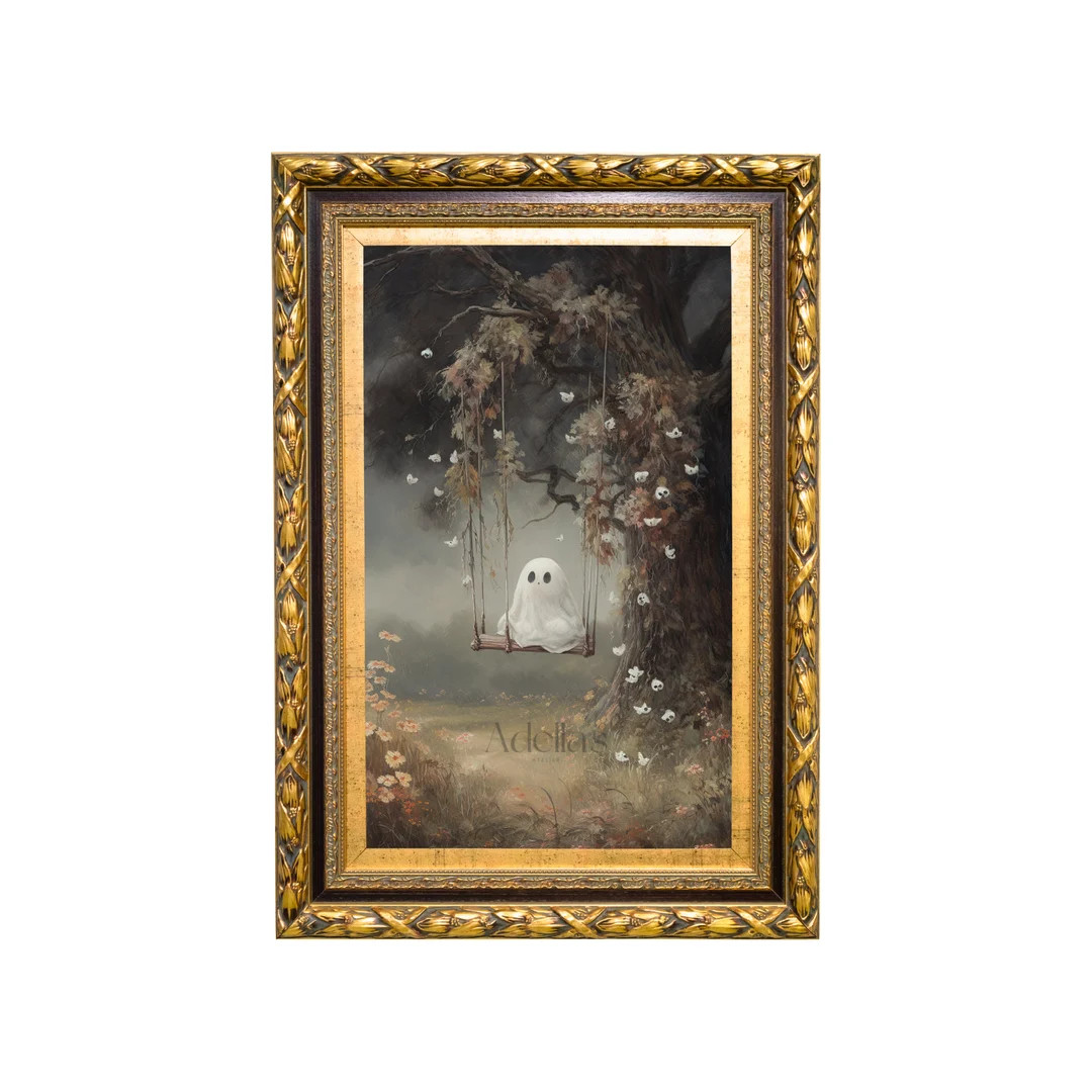 Cute Ghost on A Swing, Vintage Digital Ghost Painting, Dark Academia, Printable Wall Art, Digital... | Etsy (US)