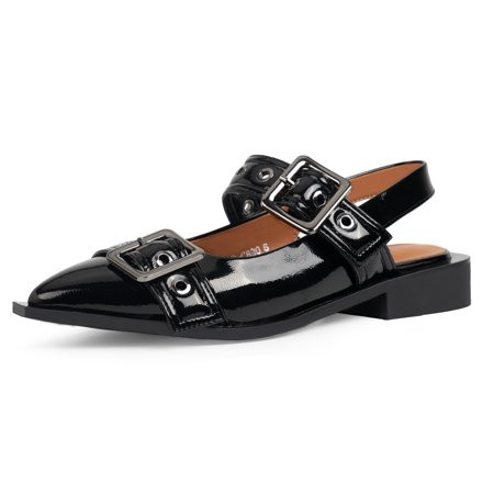 YOWMNS Women s Buckle Ballet Flats Pointed Toe Slingback Flats Comfortable Low Chunky Heel Patent Leather Party Shoes (Black 7.5) | Walmart (US)