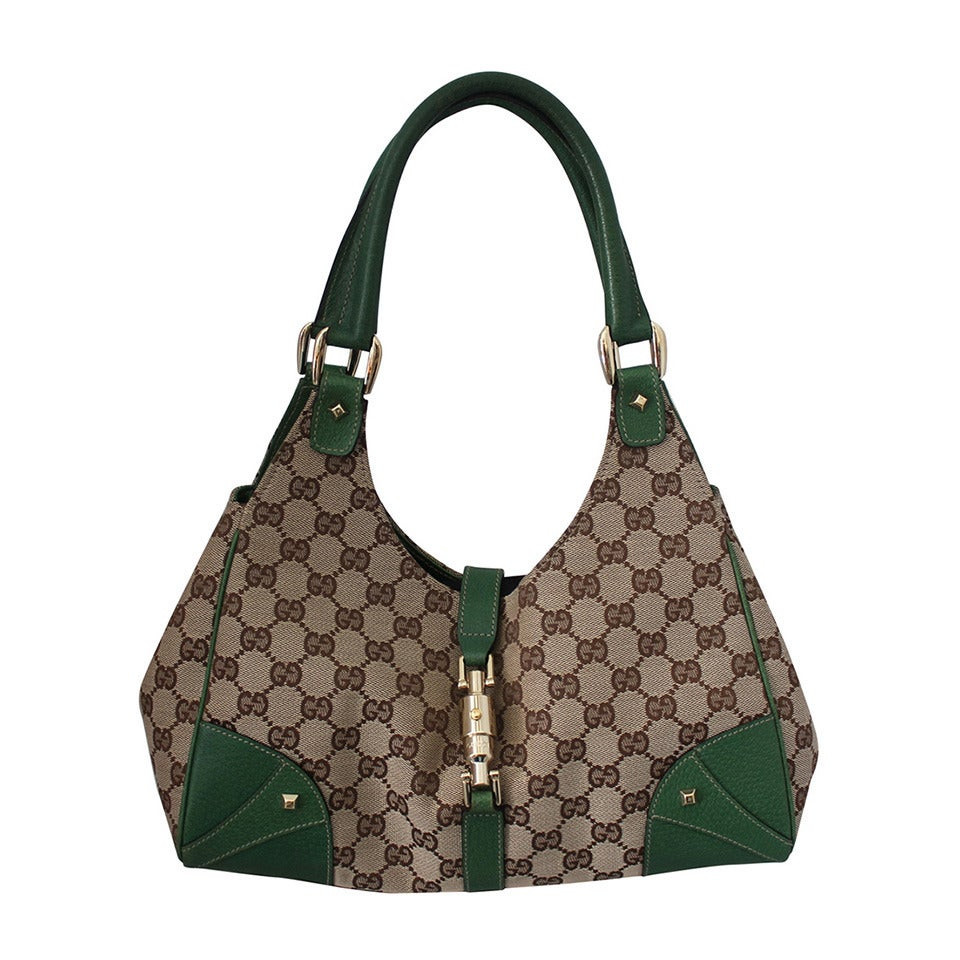 Gucci Brown Fabric and Green Leather Printed Monogram Shoudler Bag | 1stDibs
