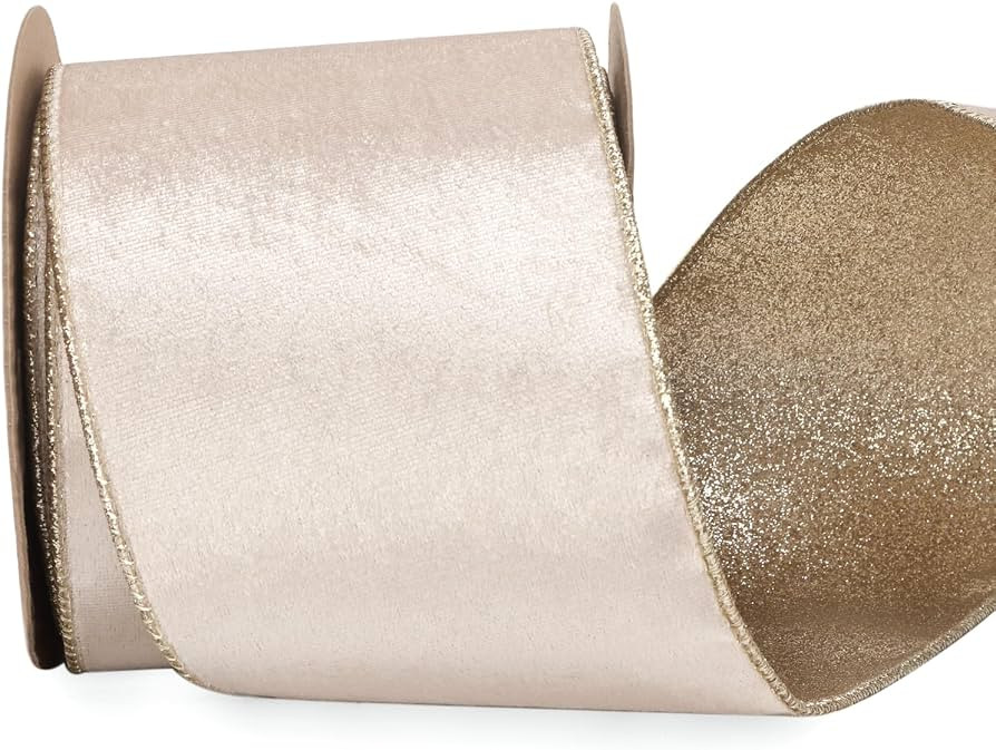 Ribbli Light Champagne Velvet Wired Ribbon 4 Inch Ivory Velvet with Champagne Glitter Christmas R... | Amazon (US)