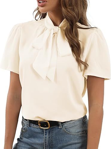 Rooscier Women's Bow Tie Knot Mock Neck Short Sleeve Elegant Workwear Blouse Shirt Top | Amazon (US)