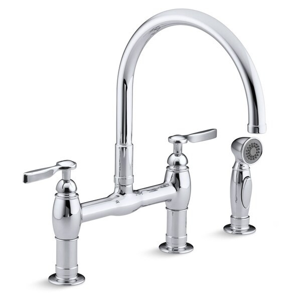 Kohler Parq Three-Hole Deck-Mount Bridge Kitchen Sink Faucet with 9" Gooseneck, Matching Finish Sidespray and Lever Handles | Bed Bath & Beyond