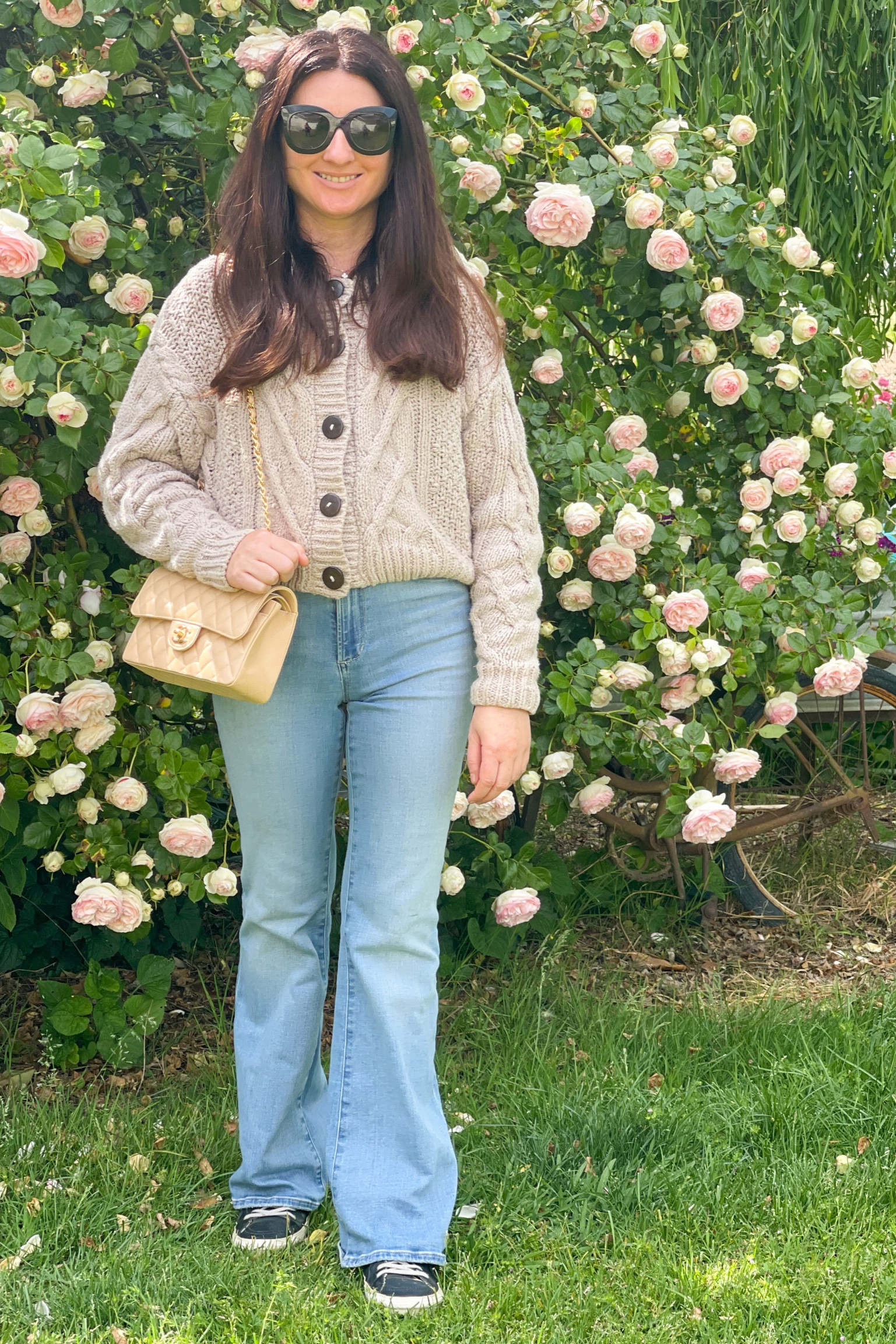 Petite flare denim jeans. Petite flared jeans. Petite flares. Spring outfit. Casual spring outfit. Chanel classic flap bag. Celine sunglasses. Celine sunnies. Celine cat eye sunglasses. Beige Clair bag. Chanel beige bag. Chanel beige handbag. Golden Goose high top sneakers. Casual spring outfit. 💗🌸

#LTKFind #LTKshoecrush #LTKSeasonal