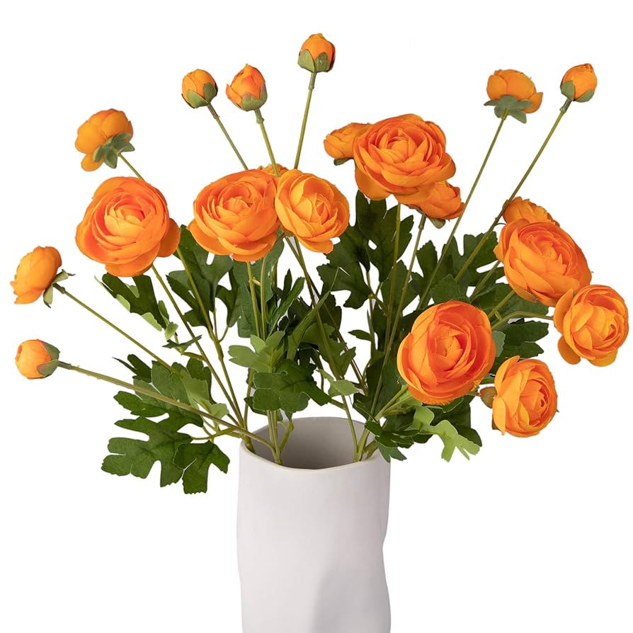 5 Stems Artificial Silk Ranunculus Flowers Orange 23" Tall,UV Resistant,Bendable Stems for Weddin... | Amazon (US)