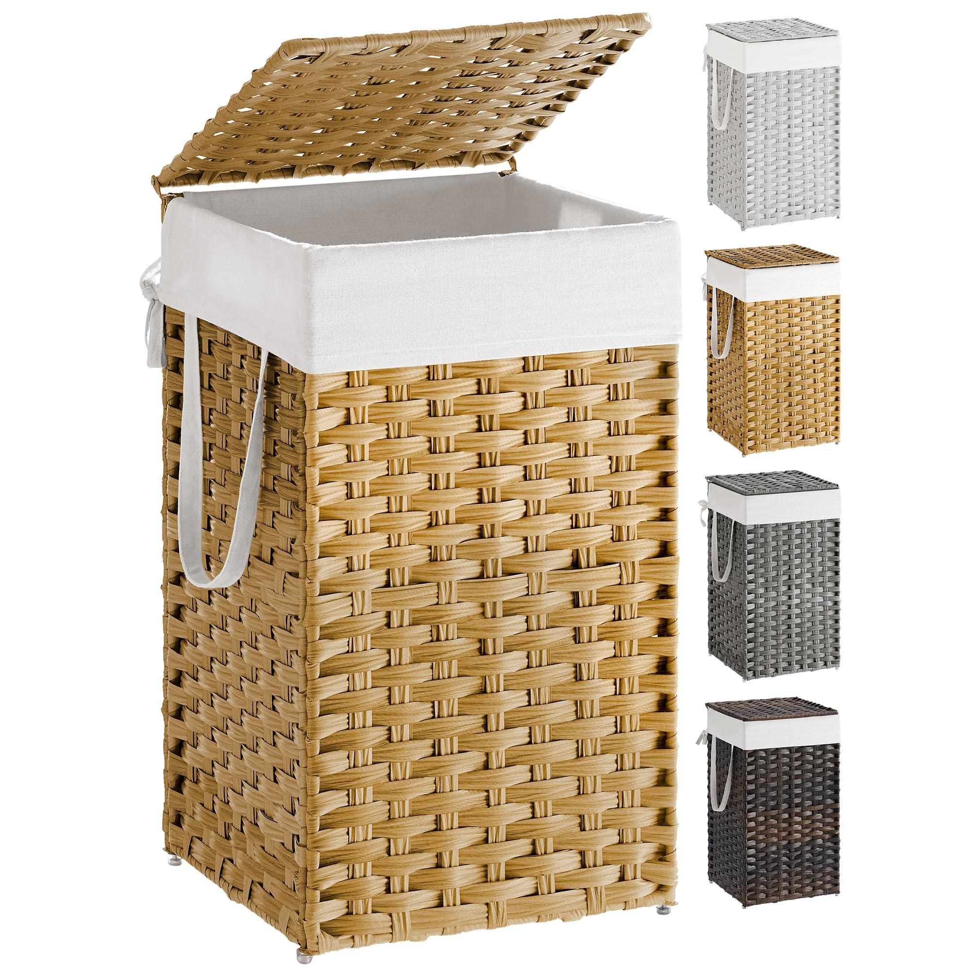 SONGMICS Laundry Hamper with Lid, 17.2 Gallon (65 L) Synthetic Rattan Clothes Laundry Basket with Lid and Handles, Foldable, Removable Liner, Goose Yellow ULCB165N01 | Amazon (US)