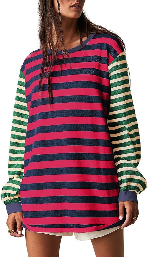 BLENCOT Women's Oversized Patchwork T Shirts Fall Long Sleeve Striped Color Block Loose Fit Pullo... | Amazon (US)