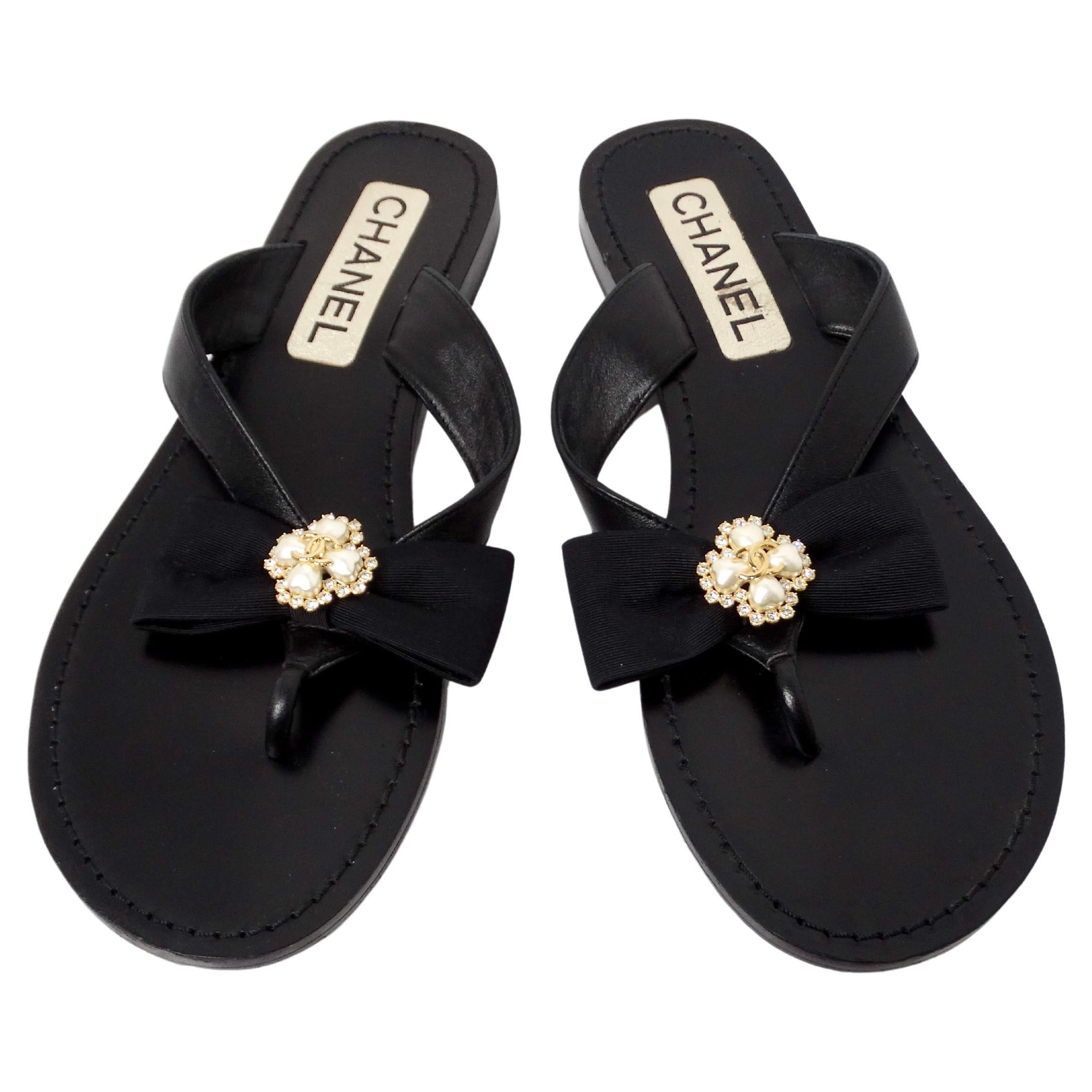 Chanel Black Leather Bow & Pearl Accent Sandals | 1stDibs