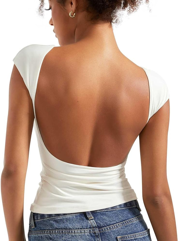 SUUKSESS Women Backless Sexy Going Out Crop Tops Double Lined Open Back Y2k Basic Tee Shirts (Pea... | Amazon (US)