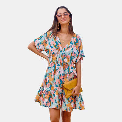 Women's Tropical Leaf Short Sleeve Flounce Hem Mini Dress - Cupshe | Target