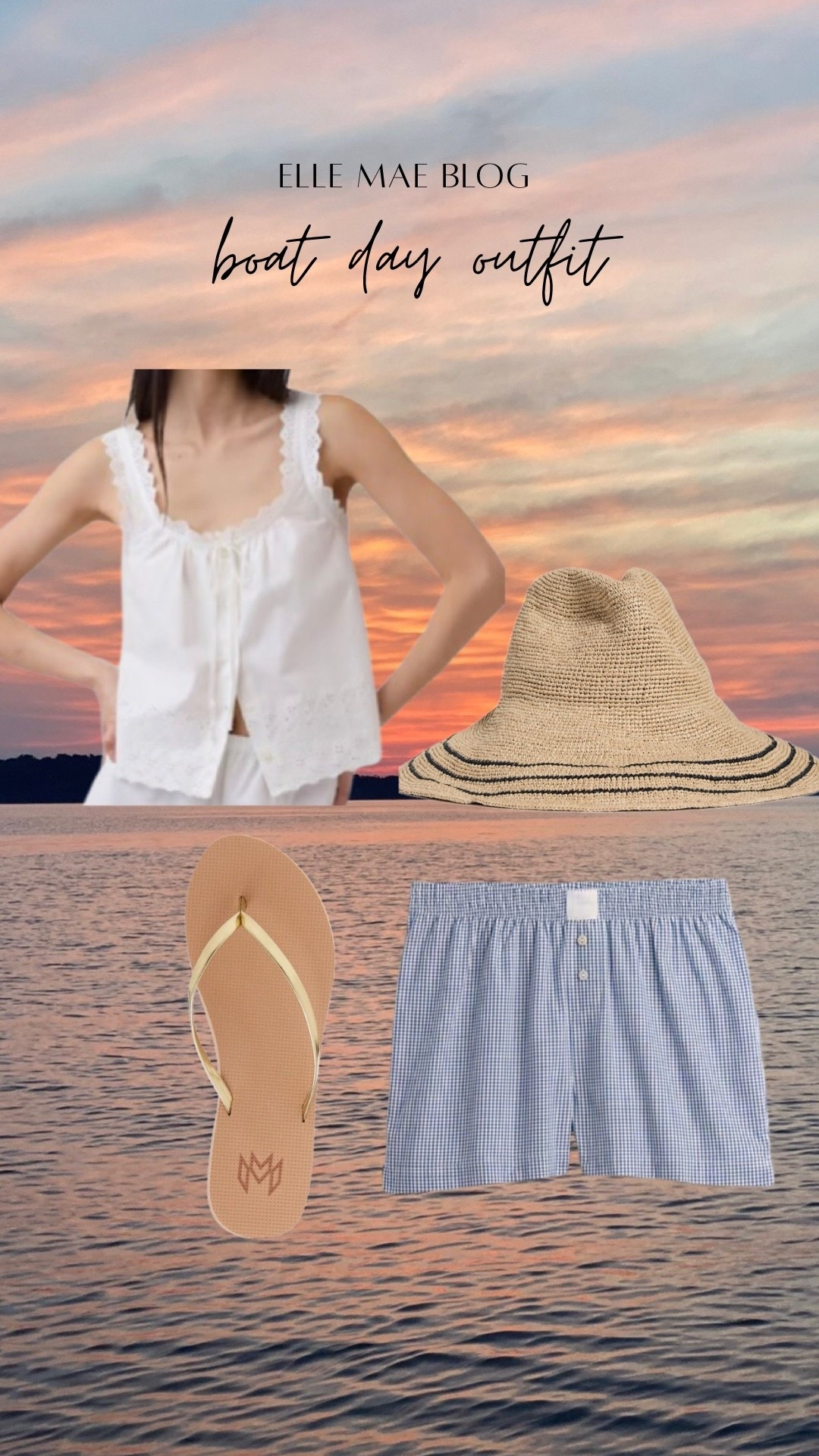 Summer outfit inspo // white eyelet tank // navy blue & white gingham shorts // raffia & navy stripe hat // gold strappy flip flops

#LTKTravel #LTKootd #LTKSwim