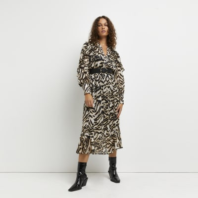 Brown animal print belted midi dress | River Island (UK & IE)