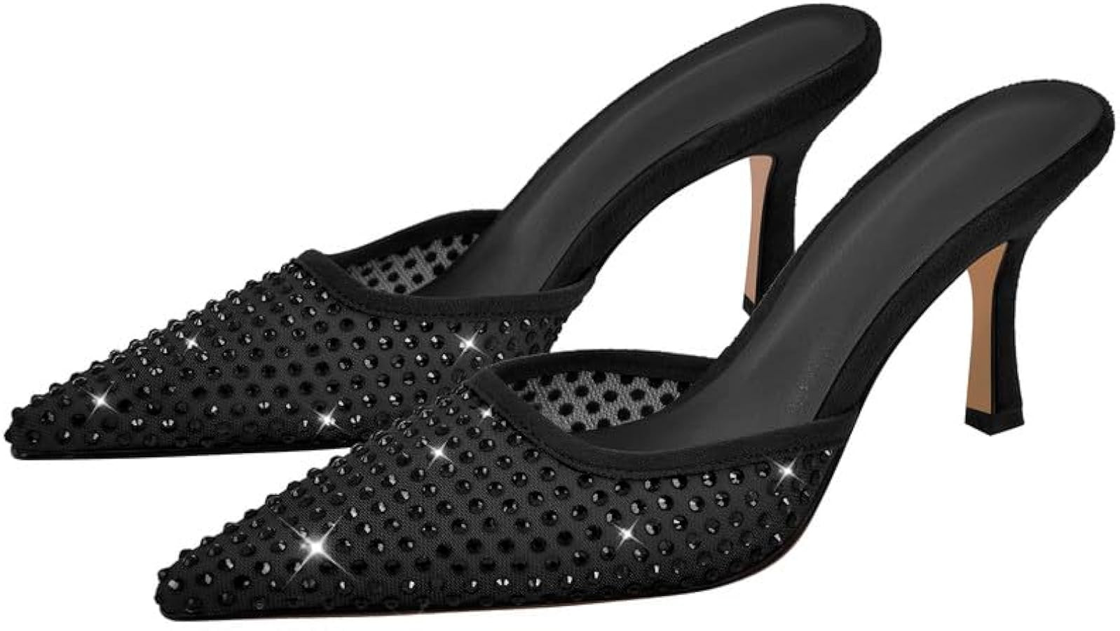 sexytag Rhinestone Mesh Kitten Heels for Women Slip On Mules Pointed Toe Pumps | Amazon (US)