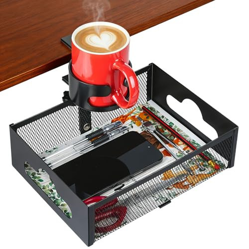 MYITYARD Desk Cup Holder Clamp, Anti-Spill Clip On Table Cup Holder with Rotation Drawer Organizer, Under Desk Storage Box Drink Holder for Desk Attachment, Gaming Desk Accessories for Office Home | Amazon (US)