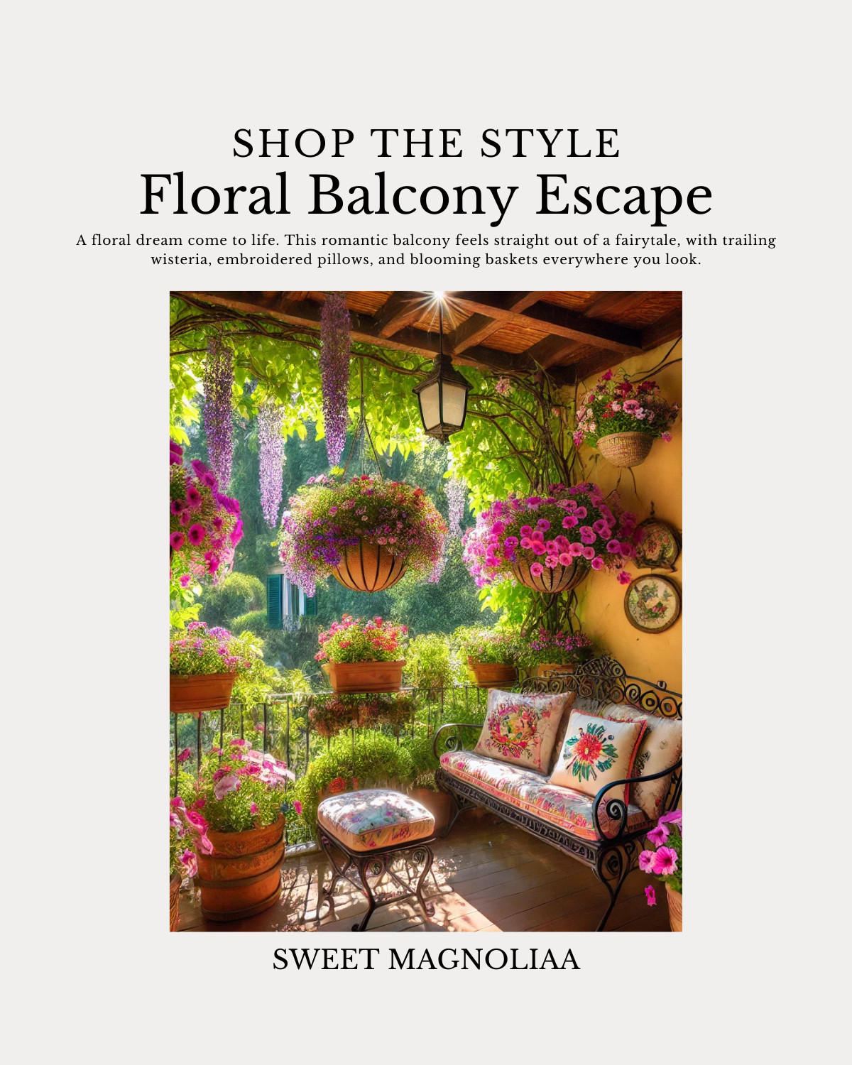 A floral dream come to life. This romantic balcony feels straight out of a fairytale, with trailing wisteria, embroidered pillows, and blooming baskets everywhere you look. 
 

 #LTKHome