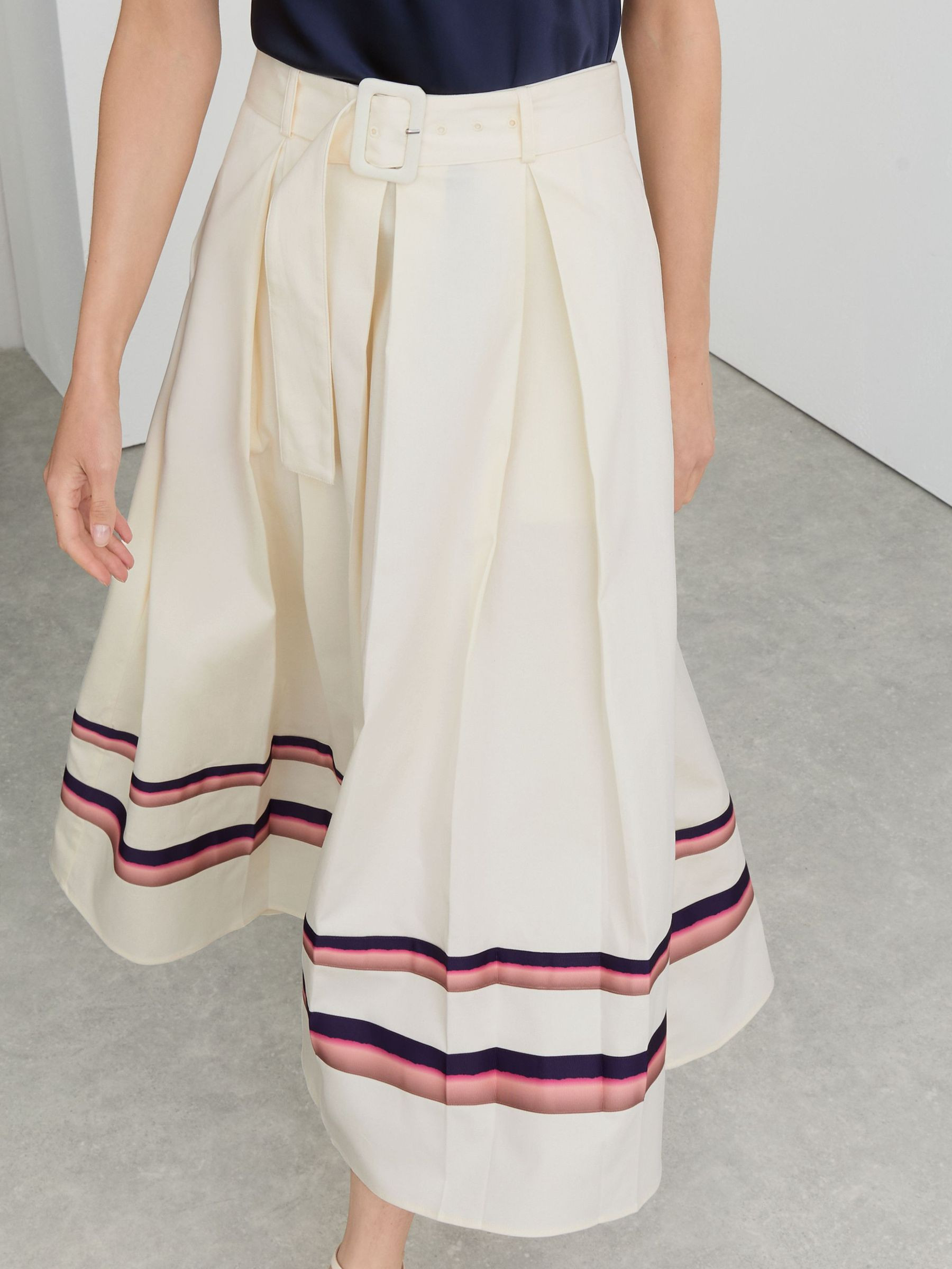 Cotton Stripe-Detail Belted Midi Skirt in Cream | Reiss UK