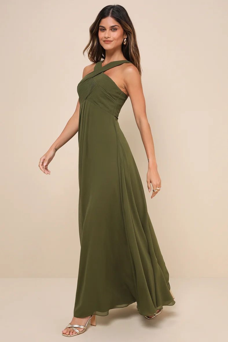 Momentous Elegance Olive Green Pleated Halter Maxi Dress | Lulus