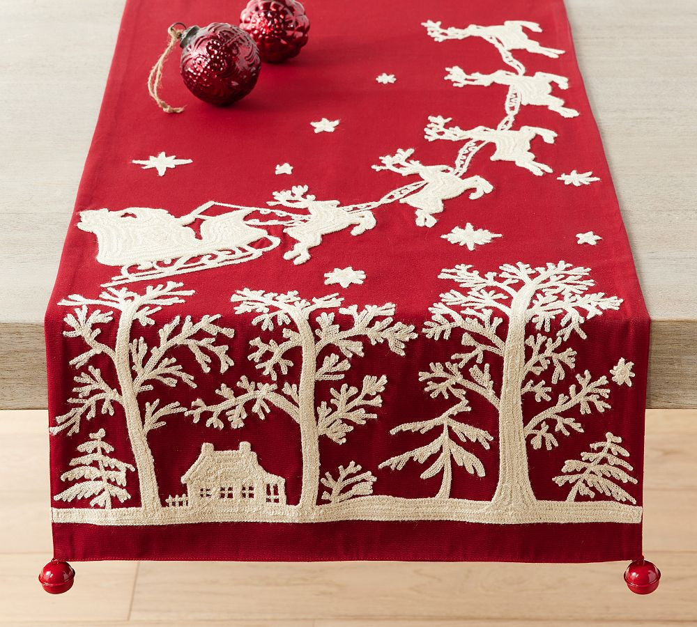 Sleigh Bell Crewel Embroidered Cotton Table Runner | Pottery Barn (US)