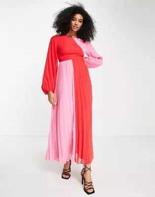 ASOS DESIGN color block textured pleated maxi dress in pink and red | ASOS (Global)