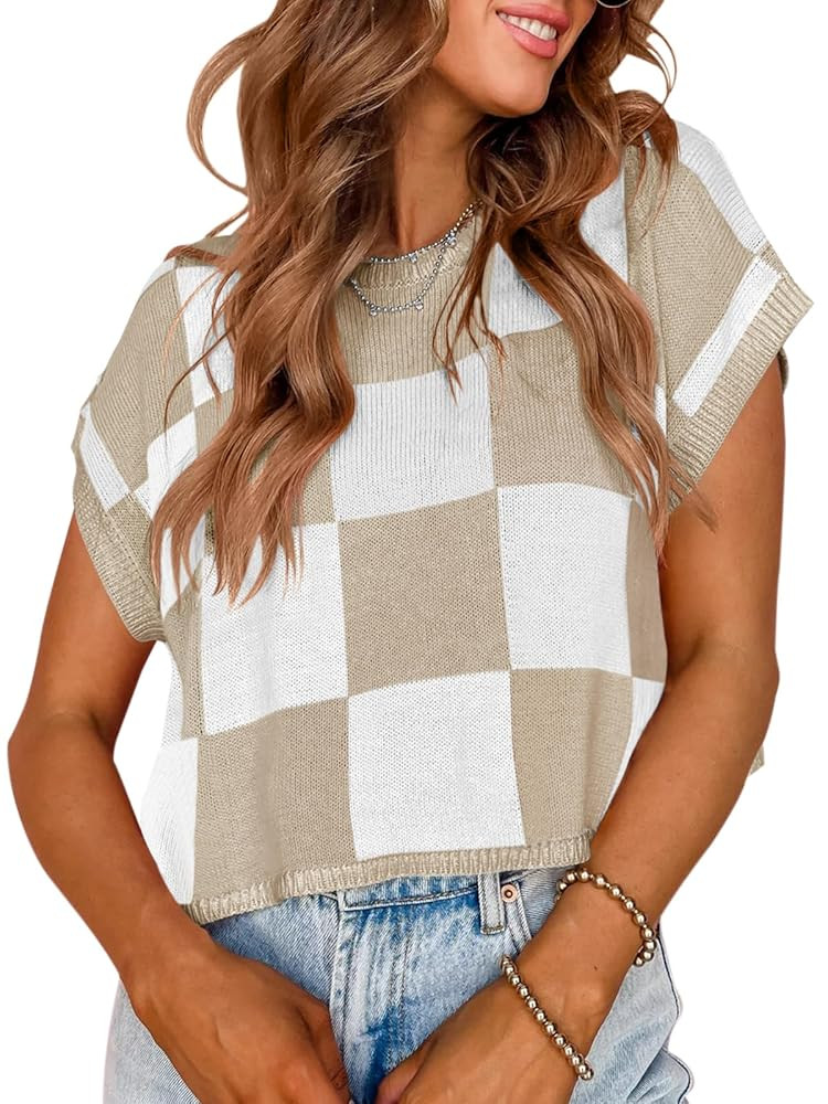 Saodimallsu Womens Cap Sleeve Crop Tops Summer Color Block Going Out Crew Neck Knit Trendy Casual... | Amazon (US)